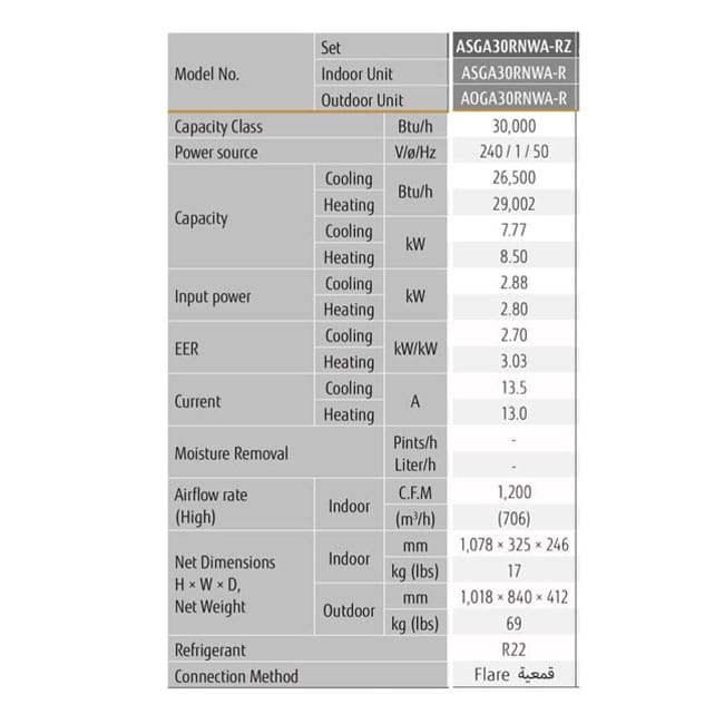 کولر گازی اجنرال 30000 سرد و گرم گاز R22 اسکرول ASGA30RNWA-RZ Ogenral