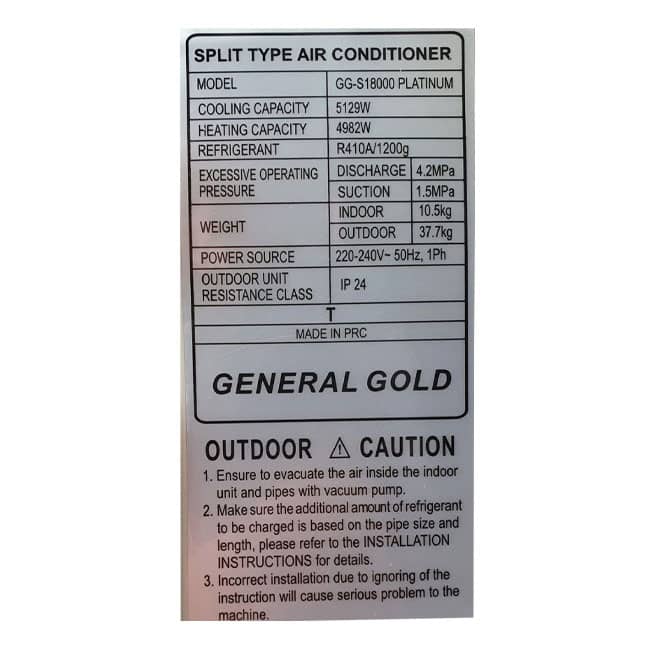 کولر گازی جنرال گلد پلاتنیوم 18000 GG-S18000 General Gold Platinum T3