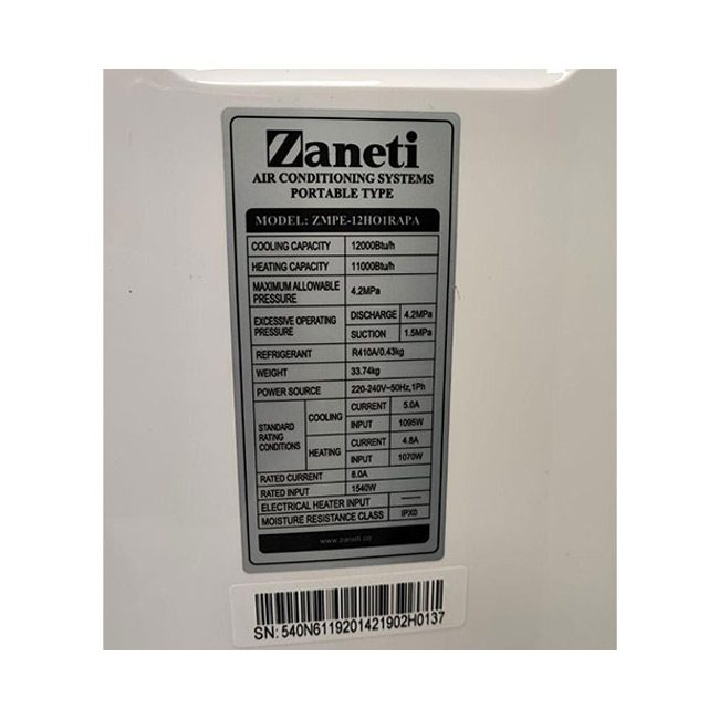 کولر گازی پرتابل زانتی 12 هزار مدل ZMPE-12HO1RAPA